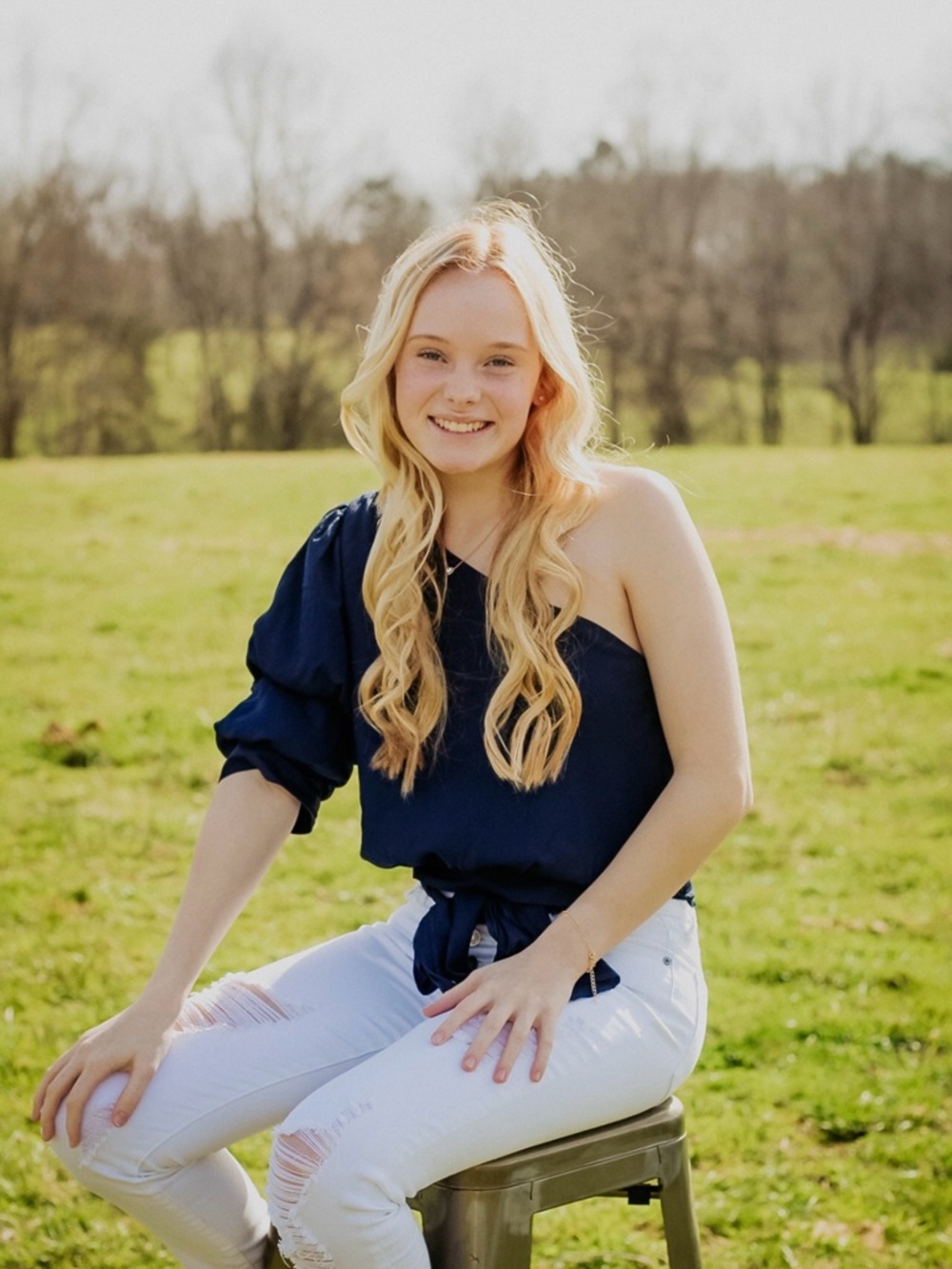 One-Shoulder Navy Blue Tie-Waist Top